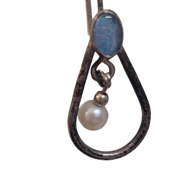 Vintage Sterling Silver Teardrop Earrings With Blue Opal & Pearl Accents - Picture 2 of 8